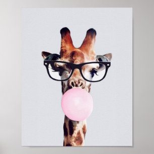 Póster JIRAFA CON GAFAS SOplando UNA CHICLE ROSA