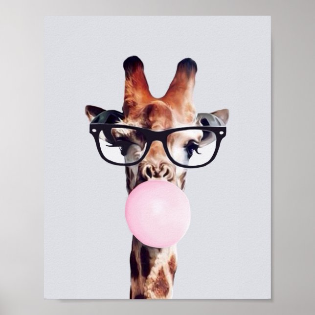 Póster JIRAFA CON GAFAS SOplando UNA CHICLE ROSA (Frente)