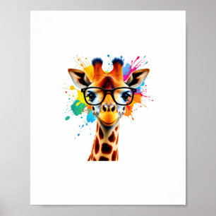 Póster Jirafa con gafas y salpicadura colorida - Color