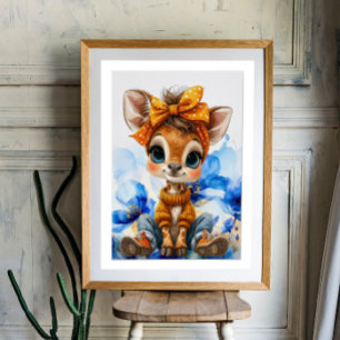 Póster Jirafa con lazo de lunares amapolas azules