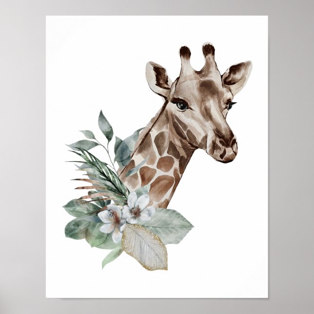 Póster Jirafa de Acuarela Safari Animal Botánico de la Ju (Frente)
