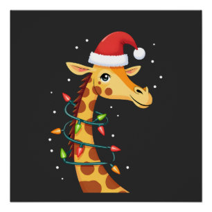 Póster Jirafa de Navidad Sombrero de Santa Luces Jirafa H