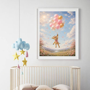 Póster Jirafa flores rosadas globos flotantes
