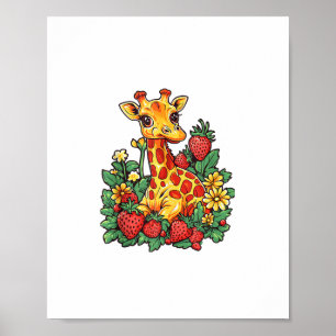 Póster Jirafa Fresas y Flores Gráfico Jirafa Lindo