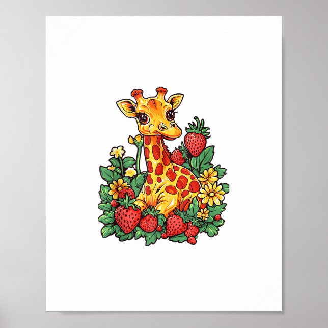 Póster Jirafa Fresas y Flores Gráfico Jirafa Lindo (Frente)