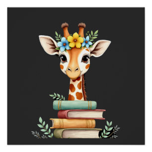 Póster Jirafa Linda Con Libro Floral Adicta a los Libros 
