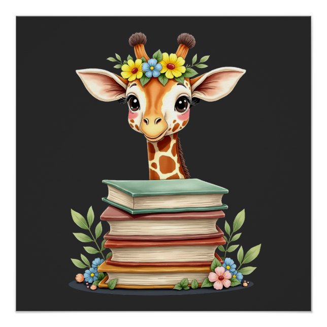 Póster Jirafa Linda Con Libro Floral Adicta a los Libros  (Anverso)