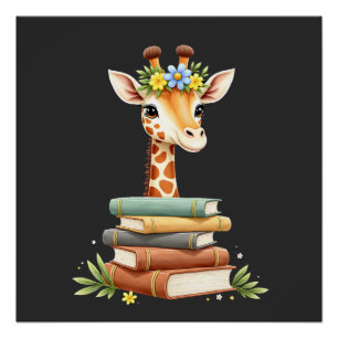 Póster Jirafa Linda Con Libro Floral Bibliófila Bibliotec