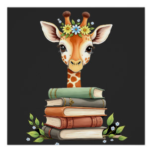 Póster Jirafa Linda Con Libro Floral Bibliófila Bibliotec