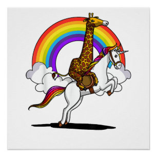 Póster Jirafa montando unicornio mágico arcoíris divertid