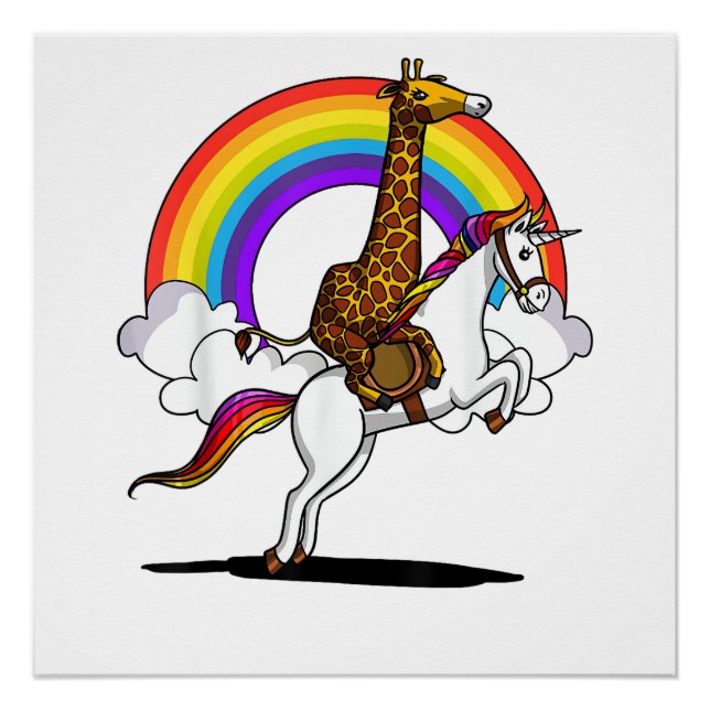 Póster Jirafa montando unicornio mágico arcoíris divertid (Anverso)