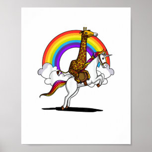 Póster Jirafa Montando Unicornio Mágico Arcoíris Niño Div