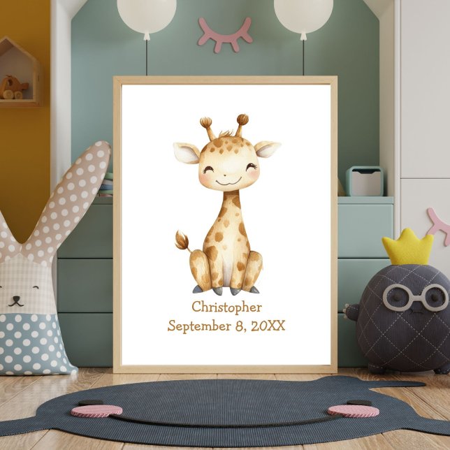 Póster Jirafa Personalizada Cumpleaños Nombre Guardería B (Personalized Birth Stats Giraffe Baby Nursery poster print. Printed or Digital Download Art)