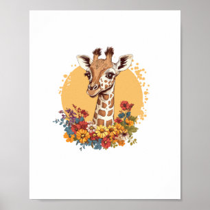 Póster Jirafa Rodeada De Flores Coloridas  