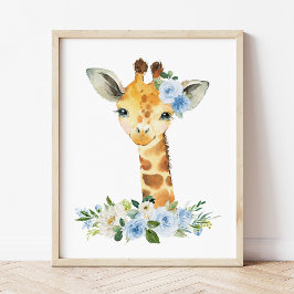 Póster Jirafa, Safari, Jungla, Flores Azules, Habitación