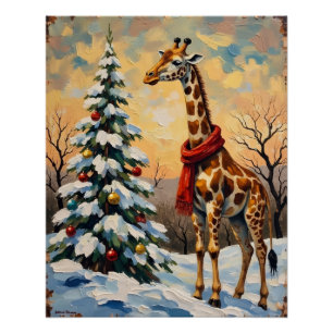 Póster Jirafa vintage de Navidad en sabana nevada