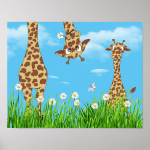 Póster Jirafas en hierba con nubes