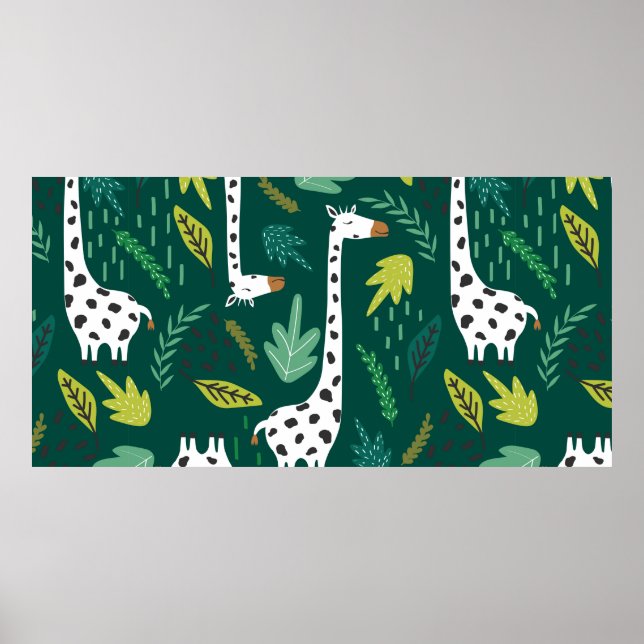 Póster jirafas, hojas, fondo dibujado a mano. Uso colorid (Frente)