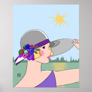 Póster Joanne - Art Deco Portrait in Purple & Blue