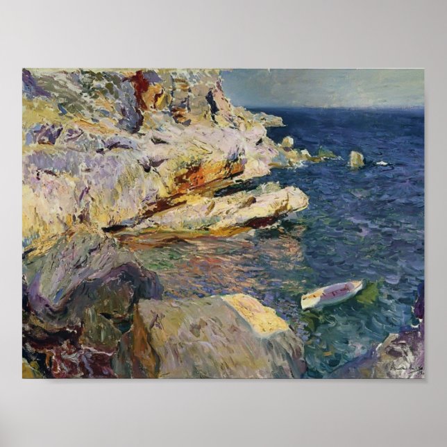 Póster Joaquín Sorolla - Rocas y barco blanco, Javea (Frente)