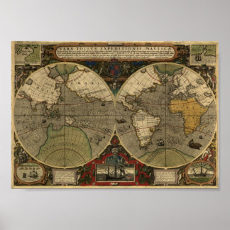Póster Jodocuments Hondius 1595 Mapa del mundo