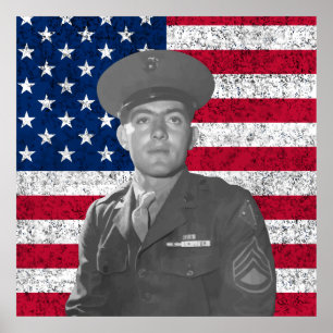 Póster John Basilone y la bandera estadounidense