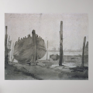 Póster John Constable Escena del río con barco al atard