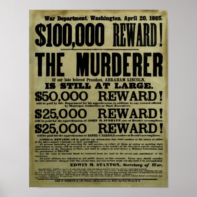 Póster John Wilkes Booth Wanted Poster (Frente)