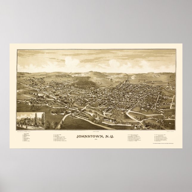 Póster Johnstown, Mapa Panorámico de Nueva York - 1888 (Frente)