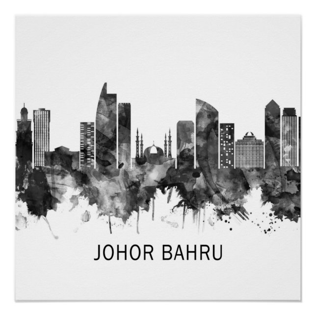 Póster Johor Bahru Malaysia Skyline BW (Anverso)