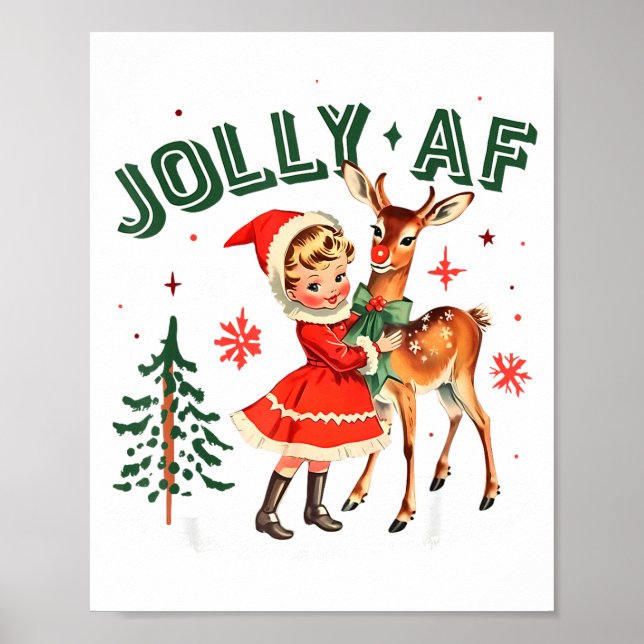 Póster Jolly Af Christmas Retro 50s Cute Girl And Deer Vi (Frente)