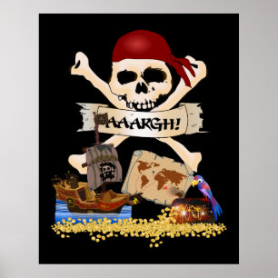Póster Jolly Roger, barco pirata y el pecho de los pirata