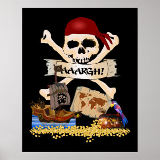 Póster Jolly Roger, barco pirata y el pecho de los pirata
