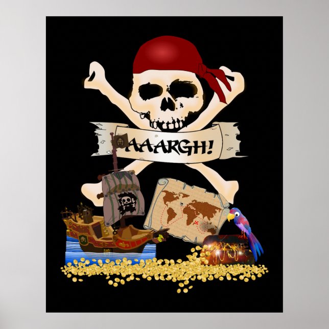 Póster Jolly Roger, barco pirata y el pecho de los pirata (Frente)