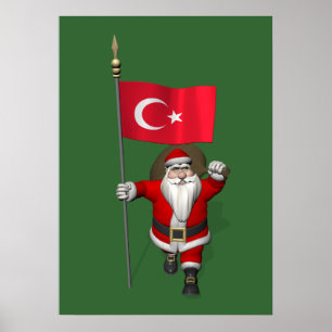 Póster Jolly Santa Claus Con Bandera De Turquía