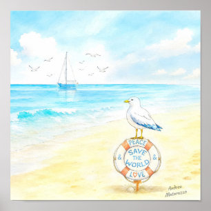 Póster Jon Seagull - Paz y Amor Salvan el Mundo