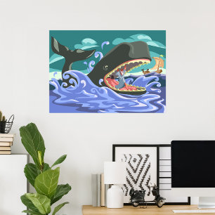 Póster Jonás bíblico y la escena del océano ballena