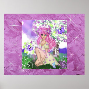 Póster Joven Chica con Poster de pared de pelo rosado