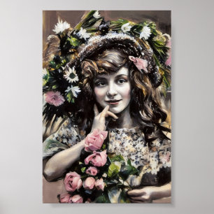 Póster Joven chica con sombrero floral rosas dibujo al pa