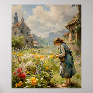 Póster Joven Chica en un jardín floreciente   Impresionis