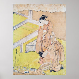 Póster Joven Chica lanza pez dorado al poster de estanque