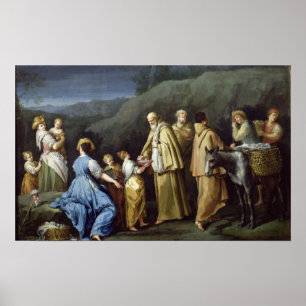 Póster Joven Chica ofreciendo huevos a un grupo de monjes