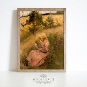 Póster Joven Chica recogiendo flores pintura cosecha