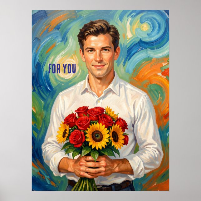 Póster Joven con ramo estilo retro personalizado (Frente)
