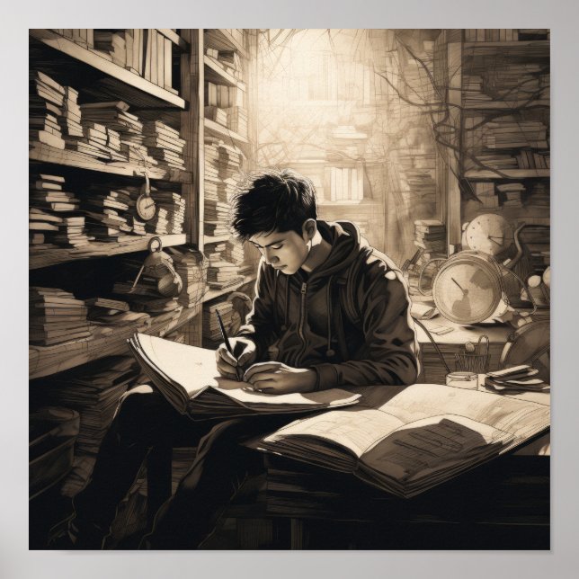 Póster Joven estudiante inmerso en la biblioteca: Inspira (Frente)