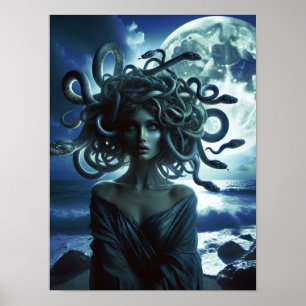 Póster Joven hermosa Medusa por la Luna y el Océano