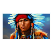 Joven hombre indio americano con plumas azules