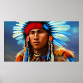 Póster Joven hombre indio americano con plumas azules