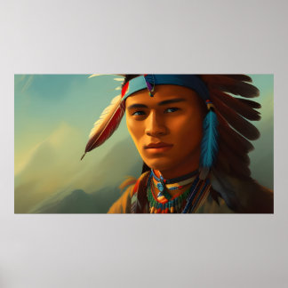 Póster Joven indio americano con plumas Vintage