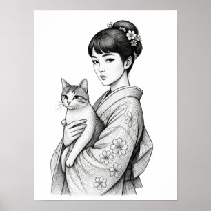 Póster Joven japonesa y su gato